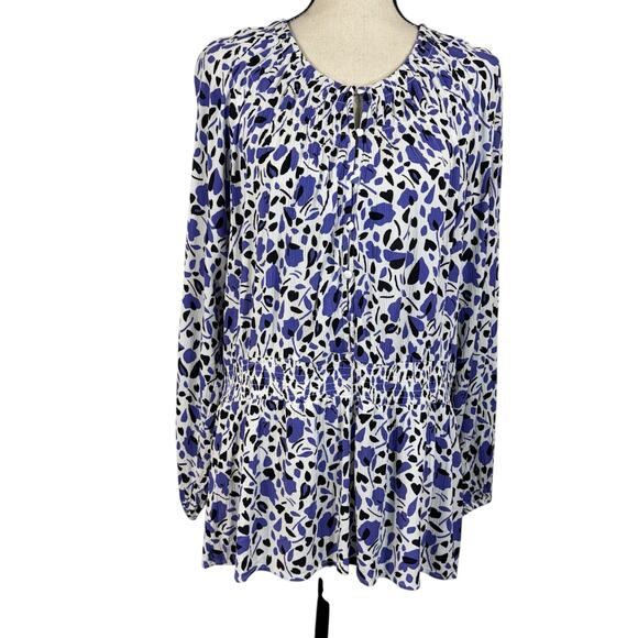 Lane Bryant SZ 20 Top Abstract Long Sleeves Smocked Waist Round Neck Crinkle - Picture 1 of 9